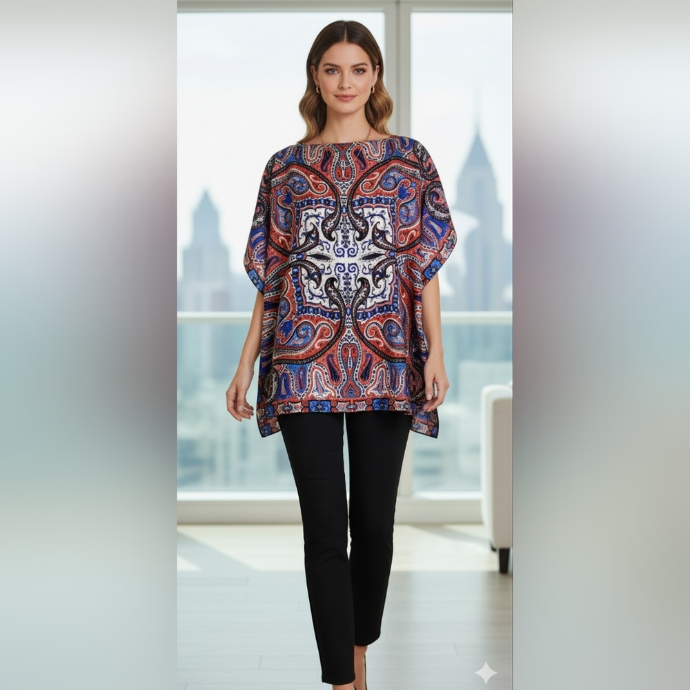 ETRO Milano Top 100% Silk Poncho Scarf Tunic Caftan Red Blue White Paisley OS